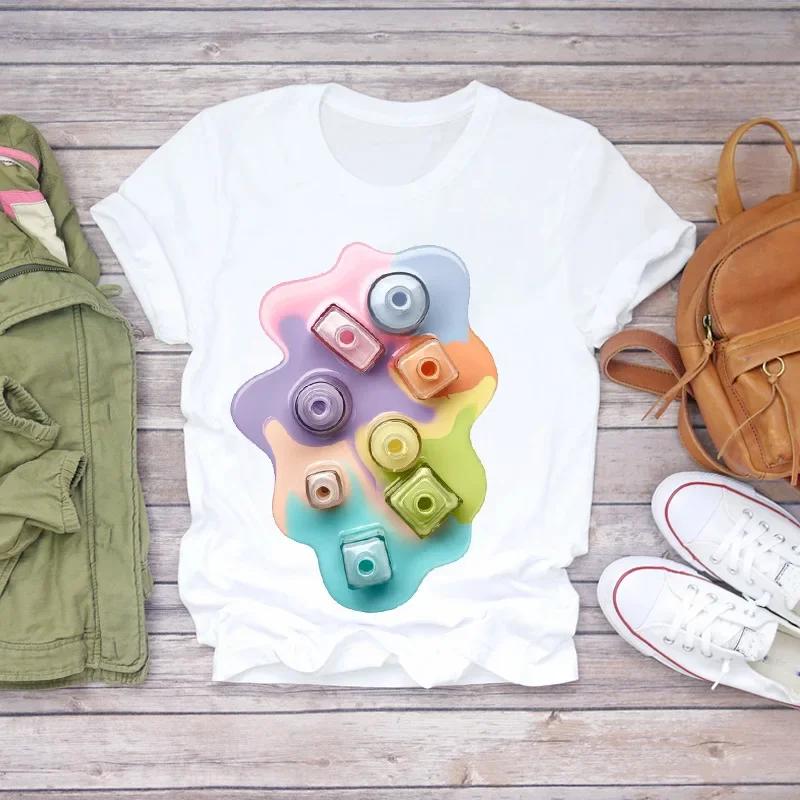 Fashion Short Sleeve White T-Shirt for Women Nail Art Makeup Beauty Style Inspired by Europe And America Summer Polyester Fabric