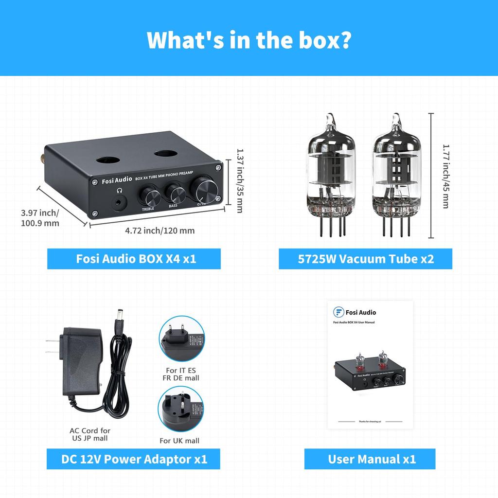 Fosi Audio BOX X4 Phono Preamplifier Headphone Amplifier with 6J1 Vacuum Preamplifier for MM Turntables and Preamplifier for Record with and Treble