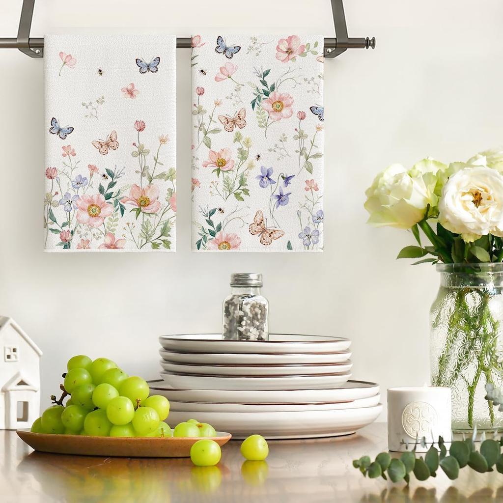 Artoid Mode Floral Leaves Butterfly Spring Kitchen Towels Dish Towels, 18x26 Inch Seasonal Summer Decoration Hand Towels Set of 2
