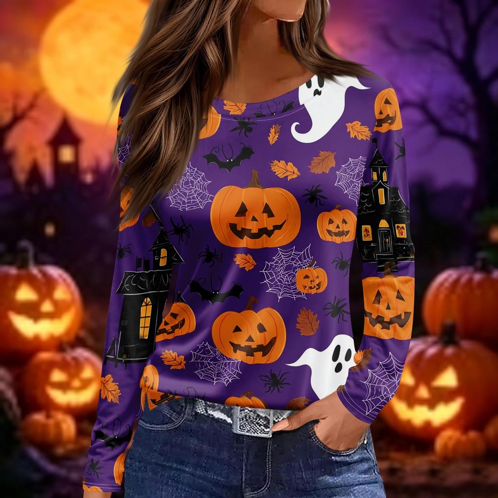 Women's Long Sleeve Halloween Print Top Split Hem Round Neck Casual Pullover Shirt with Festive Graphic Design for Seasonal Wear