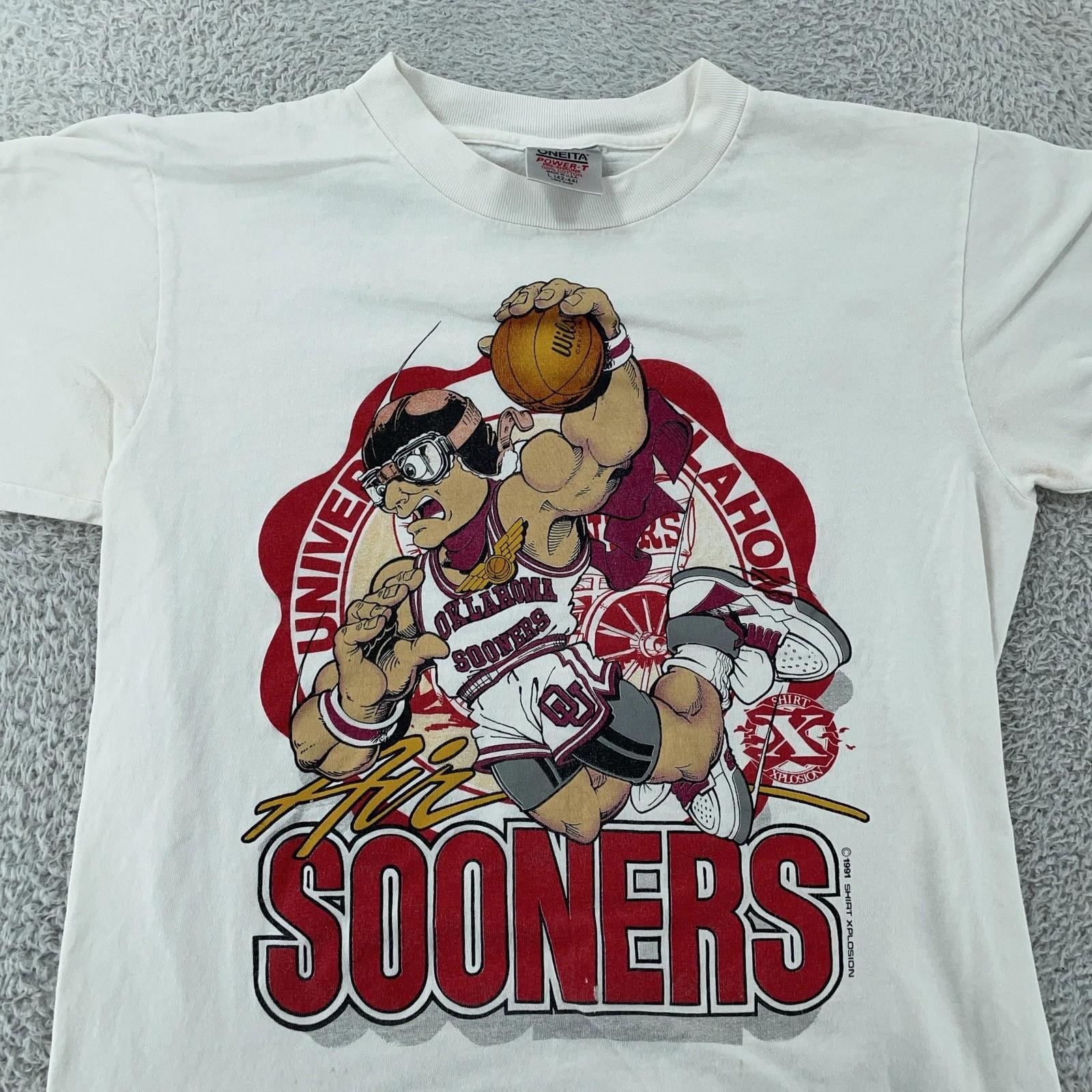 

Vintage Oklahoma Sooners Cartoon T-Shirt Small White 1991 NCAA Basketball 90s M