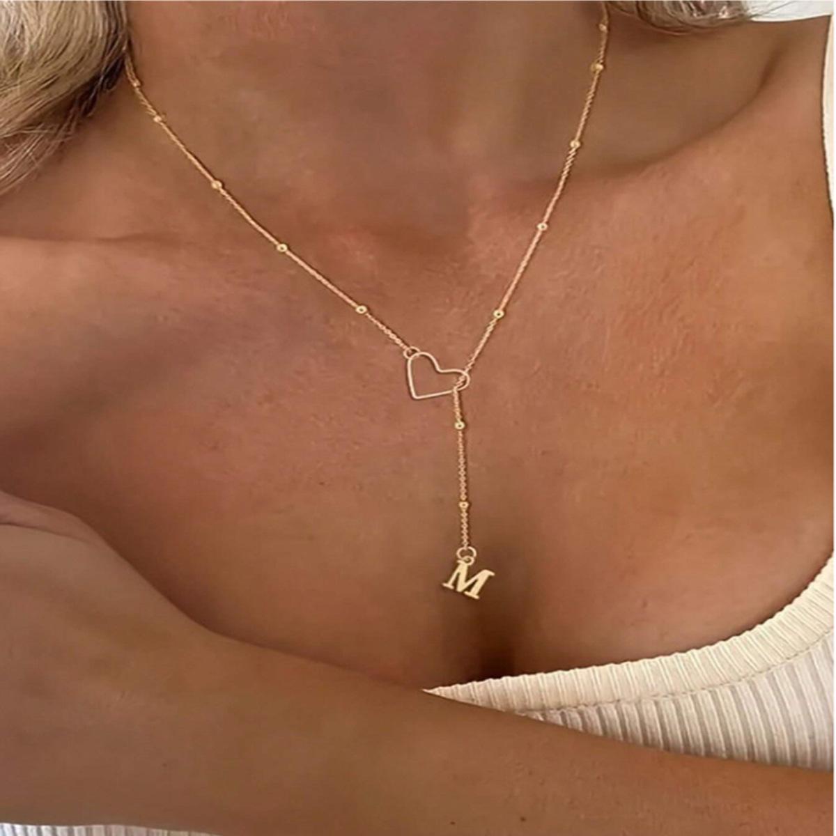 

Елегантне порожнисте серце та літера з нержавіючої сталі - Універсальний, Модний ланцюжок-колье з намистинами для жінок Silver