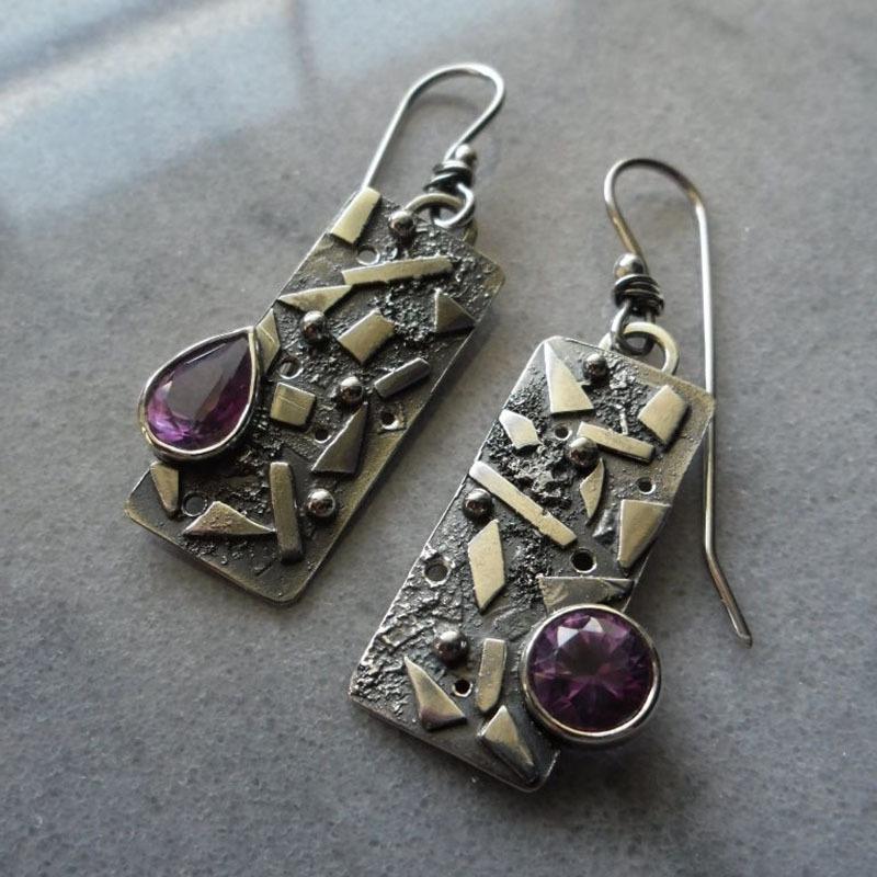 Asymmetrical Antique Silver Ethnic Style Amethyst Earrings