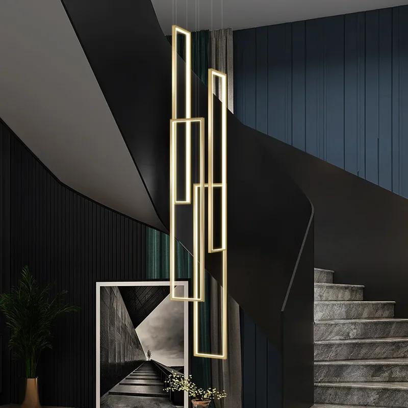 Modern Minimalist Staircase Chandelier Geometric Rectangular LED Chandelier Nordic Luxury Duplex Attic Lighting Home Appliance