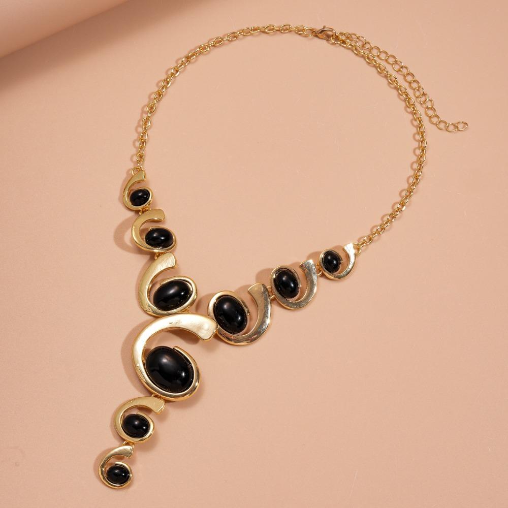 Exaggerated Temperament Geometric Gold Color Spiral Snail Shape Black Oval Pendant Necklace Earring for Women Fashion Jewelry