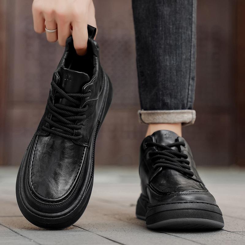 Sapatos novo outono e inverno novo esportes casuais ao ar livre sapatos de couro de cano médio pretos