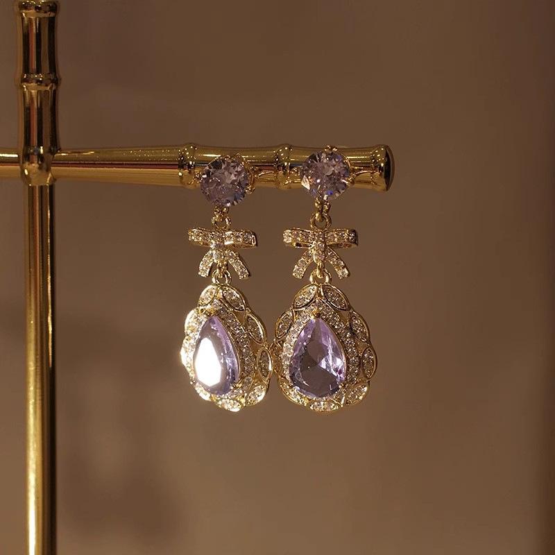French purple water drop earrings, bow zircon light luxury jewelry, unique design temperament spring earrings