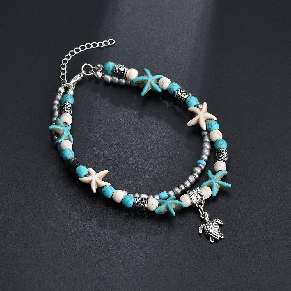 

European & American Turquoise Starfish Turtle Anklet Set - Handmade Retro Beach Surfing Multi-layer Design