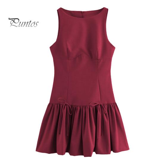 Women Summer Dress Sleeveless Bow Decor Pleated A-line Solid Color Mini Dress Back Zipper Closure O Neck Vest Dress for Dating Party