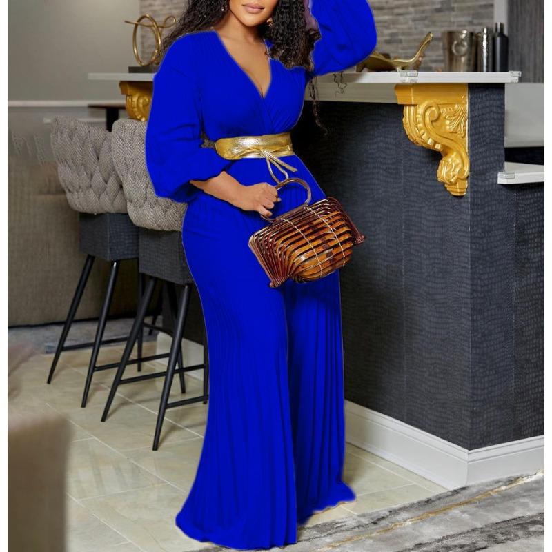 

Шикарний і зручний європейський і американський літній жіночий комбінезон із V-подібним вирізом і зав’язками, плісировані, плюс розмір 4XL синій