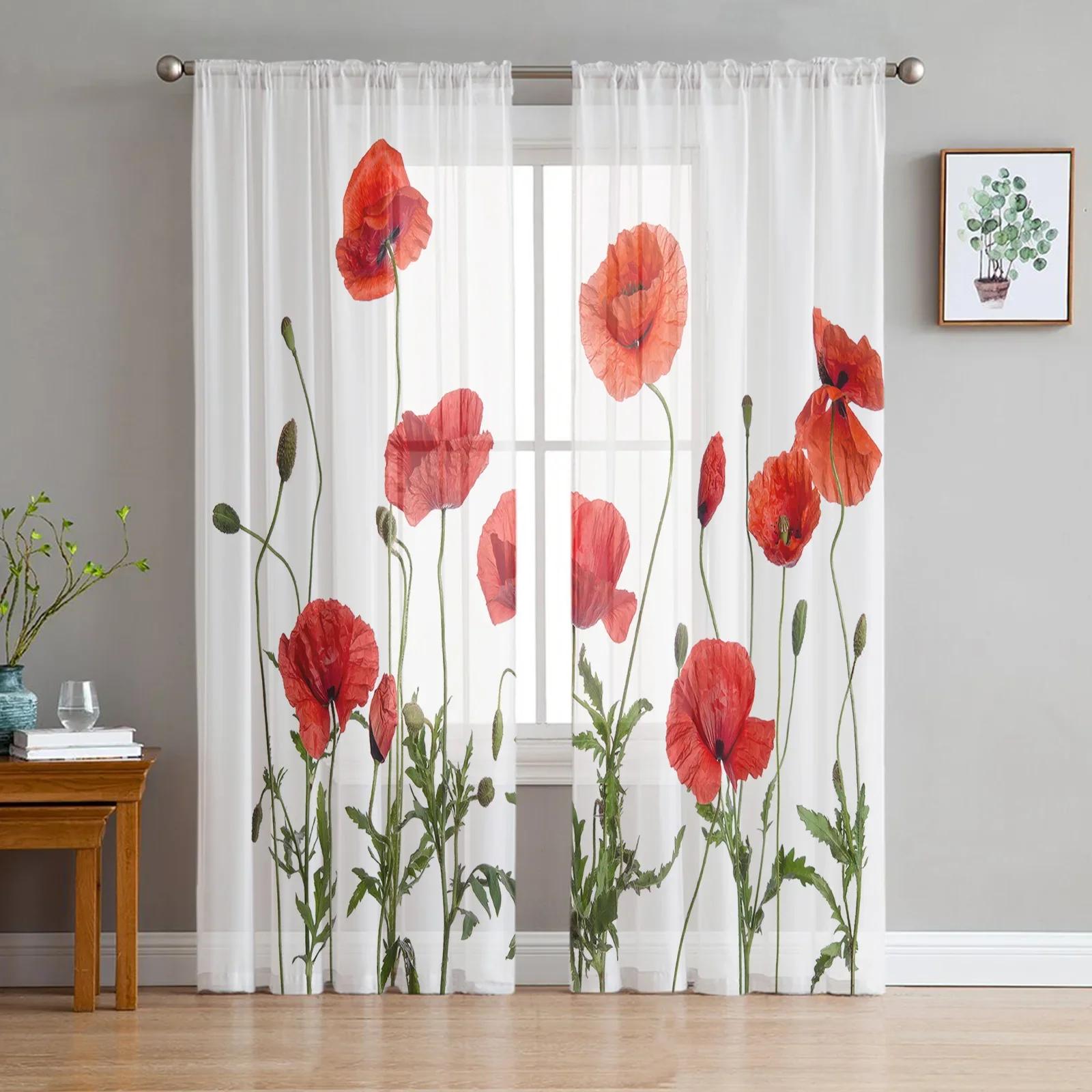 

Poppy Field Crimson Red Floral Blooms Pure White Transparent Curtains Living Room Window Panel Fine Netting Drapes For Bed Chamber Kitchen Home W135 x H115cm x1&Rod Pocket