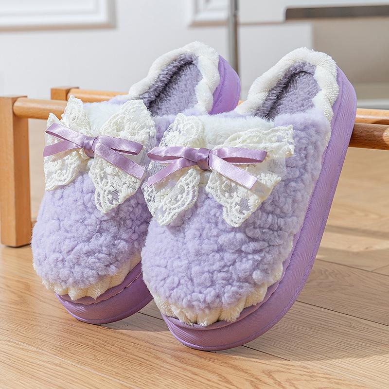 Cotton slippers home autumn and winter bow cotton shoes indoor soft sole non-slip warm shoes plush thick sole cotton mop
