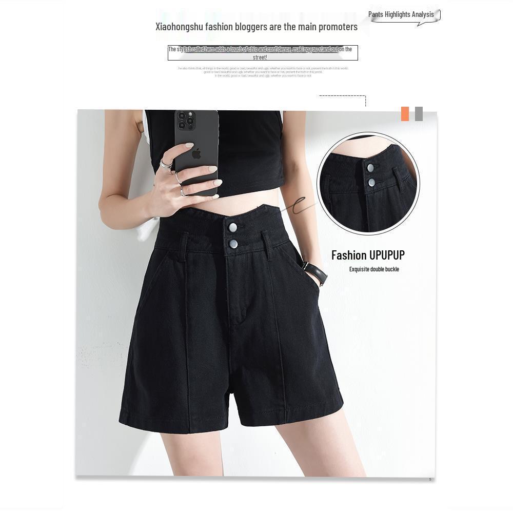 Women's Black Denim High-Waist A-Line Shorts - Spring 2026, Slimming, Plus Size, Trendy, Loose Fit.
