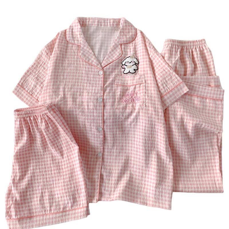 Line Puppy Cloud Cotton Pajamas Women'S Summer Short-Sleeved Three-Piece Set Sweet Plaid Thin Loungewear