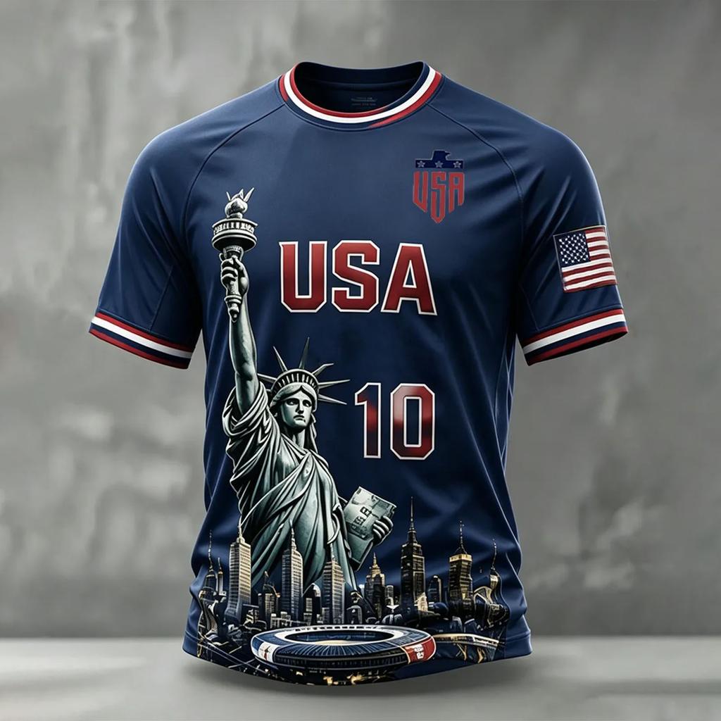 Męska casualowa, lekka, oddychająca koszulka z krótkim rękawem i okrągłym dekoltem z nadrukiem USA 2026 Design Koszulka na temat piłki nożnej