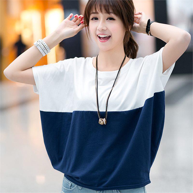 

Women s Loose Fit Korean Bat Shirt - Large Size, Short-Sleeved Summer T-Shirt for Students and Ladies M білий/синій