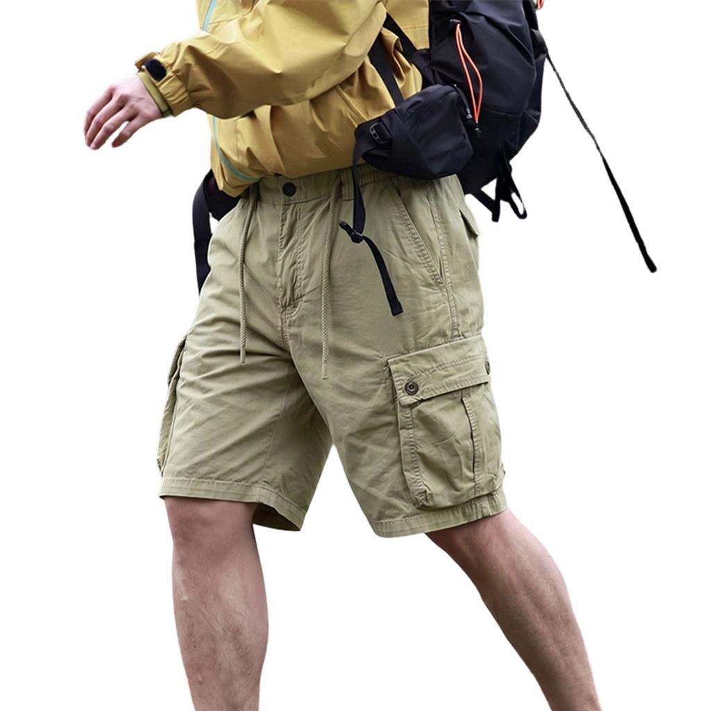 Men Vintage Shorts Cotton Multi Pocket Knee Length Cargo Shorts Streetwear Casual Outdoor Pants