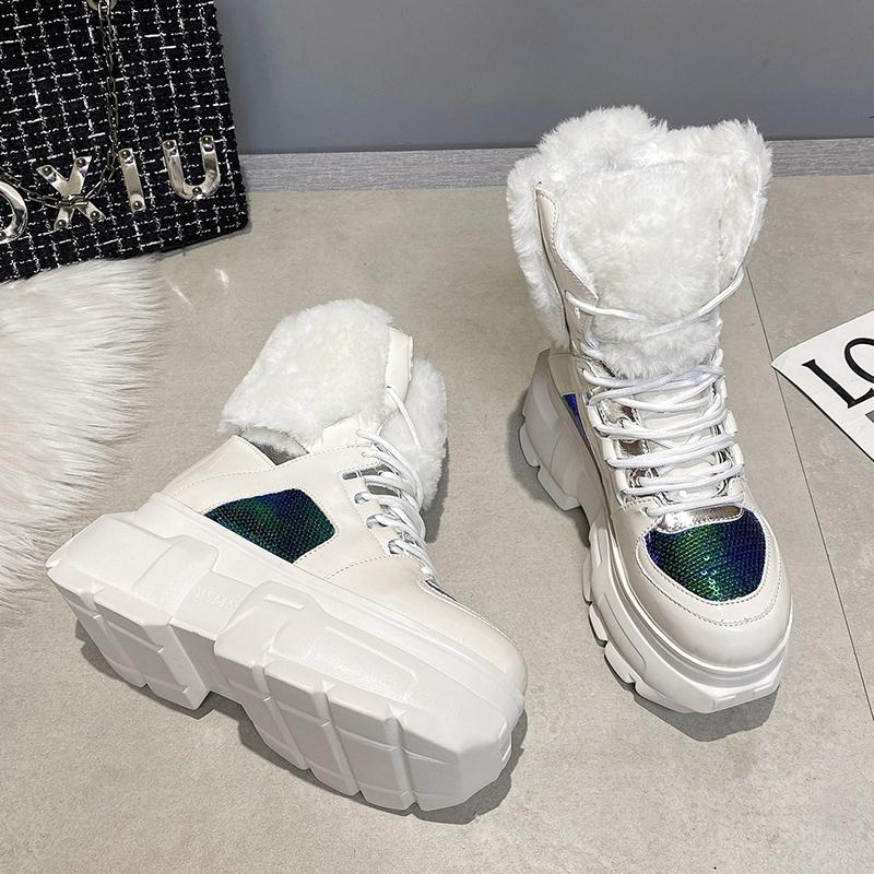 Fashion Fashion Women Chunky 8CM Platform Motorcycle Boots White Lace Up Thick Bottom Shoes Woman Autumn Winter Ankle Botas De Mujer