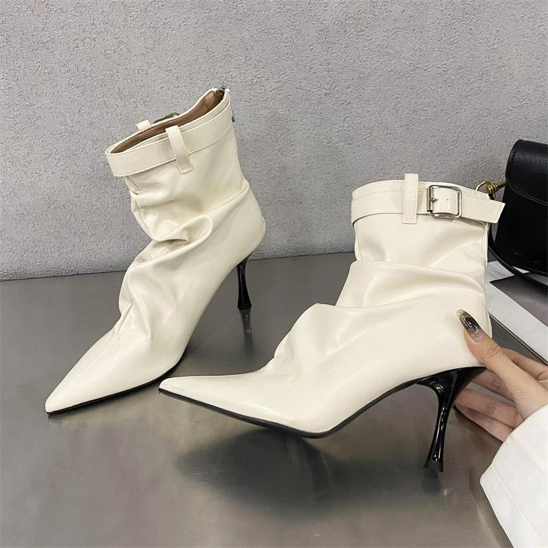 

Модные Eilyken Осень Зима Новый Дизайн Пряжка на Ремне Плиссированные Женские Ботильоны Лаконичный Острый Носок Тонкий Каблук Обувь Zapatos De Mujer 35 белый