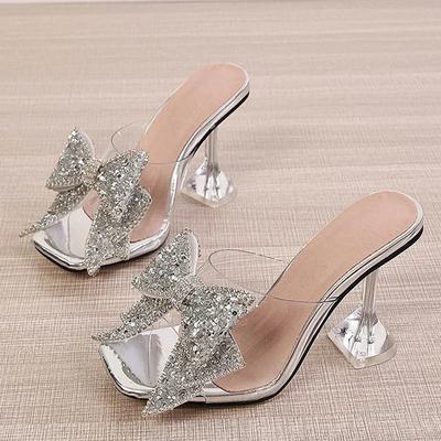 Fashion 2025 New Transparent Slippers For Women Fashion Silver Crystal Bowknot High Heels Female Mules Slides Summer Sandals Shoes