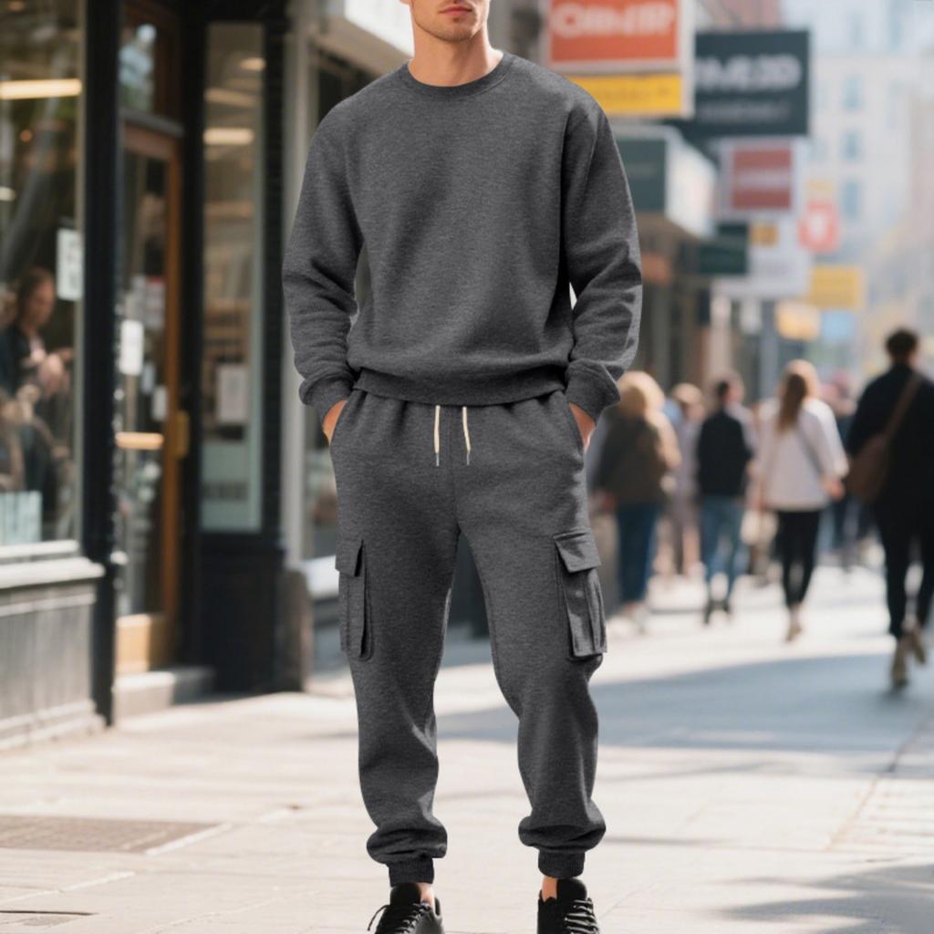 Men's Fleece Round-neck Sweatshirt Set, Loose And Casual Long-sleeved Sweatshirt And Work Pants Two-piece Set