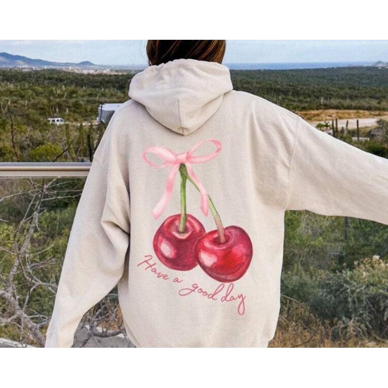 European Women's Cherry Coquette Ribbed Hoodie Sweatshirt