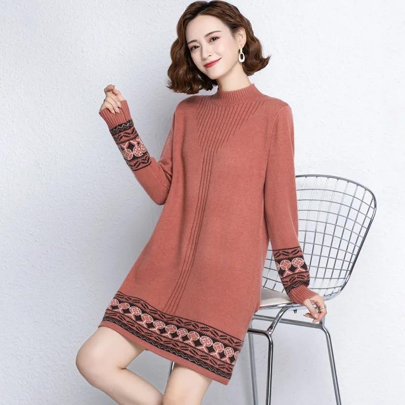 Autumn&Spring Half High Neck Knitted Sweater Dress Women's Loose Long Pullover Ethnic Style Retro Bottom Shirt Female