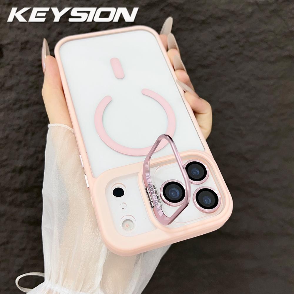 KEYSION Magnetic Transparent Phone Case for MagSafe for iPhone 17 Pro Max 17Air Metal Lens Stand Shockproof Lens Protector Cover