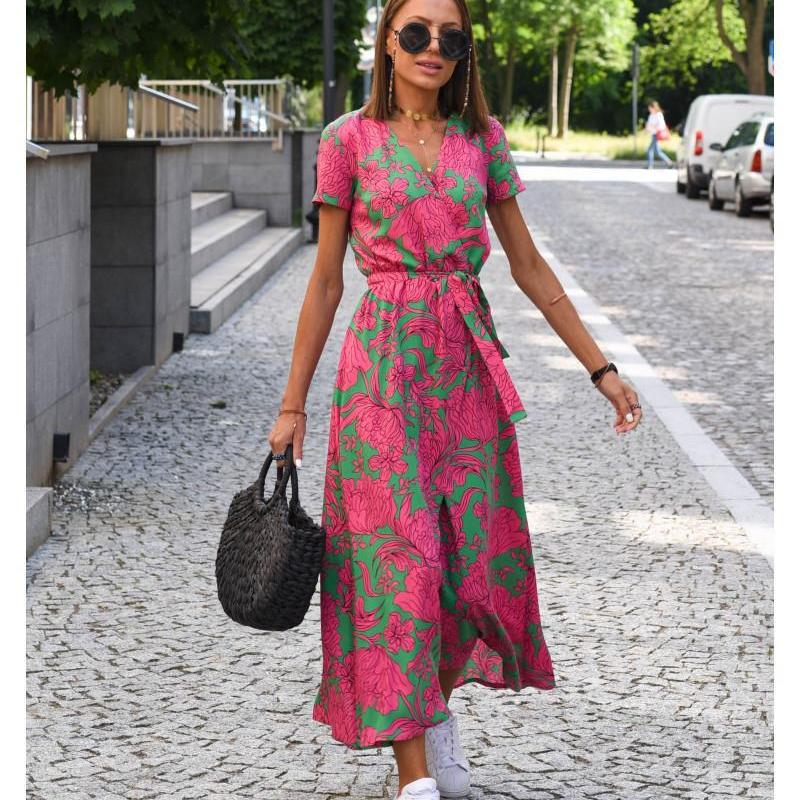 Women Floral Print Long Dresses Summer Sexy V Neck Split Lace-up Dress Female Casual Elegant Short Sleeve Beach Dress Vestidos