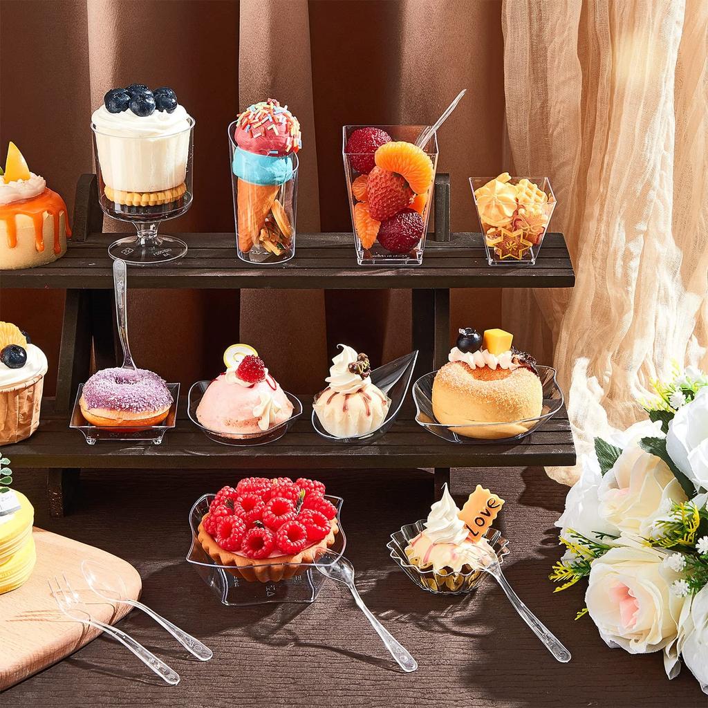 450pcs Transparent  Plates Dessert Cups Spoon Fork Set Multi-Shape Plastic Ice Cream Cups Disposable Tableware Party Dining Accessories