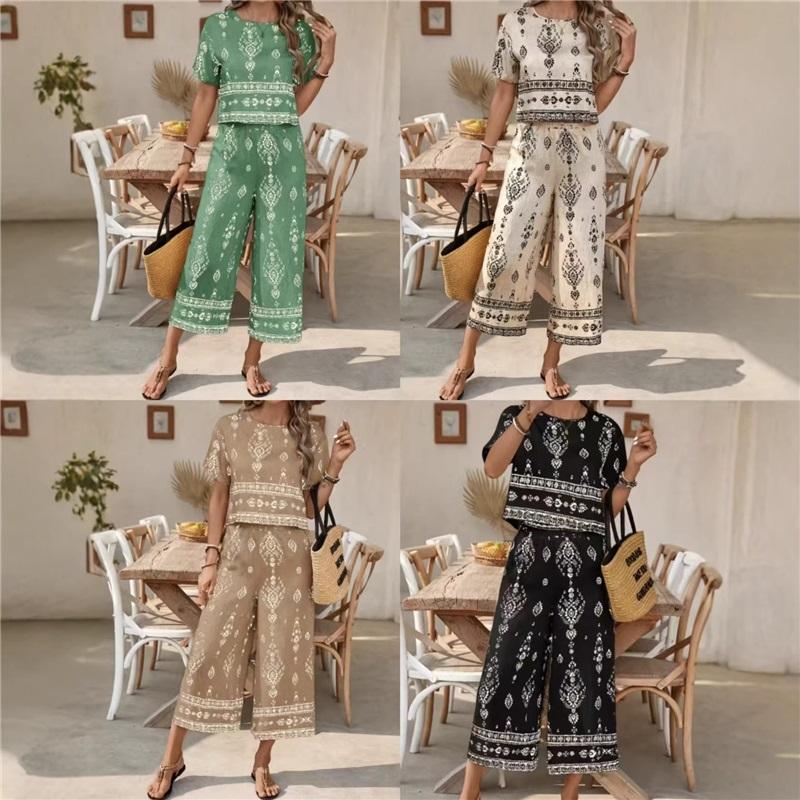 Dames Bohemian Bedrukt Tweedeel Outfit Korte Mouw Crop Top Wijde Capri Broek Vintage Etnisch Casual Loungewear Set