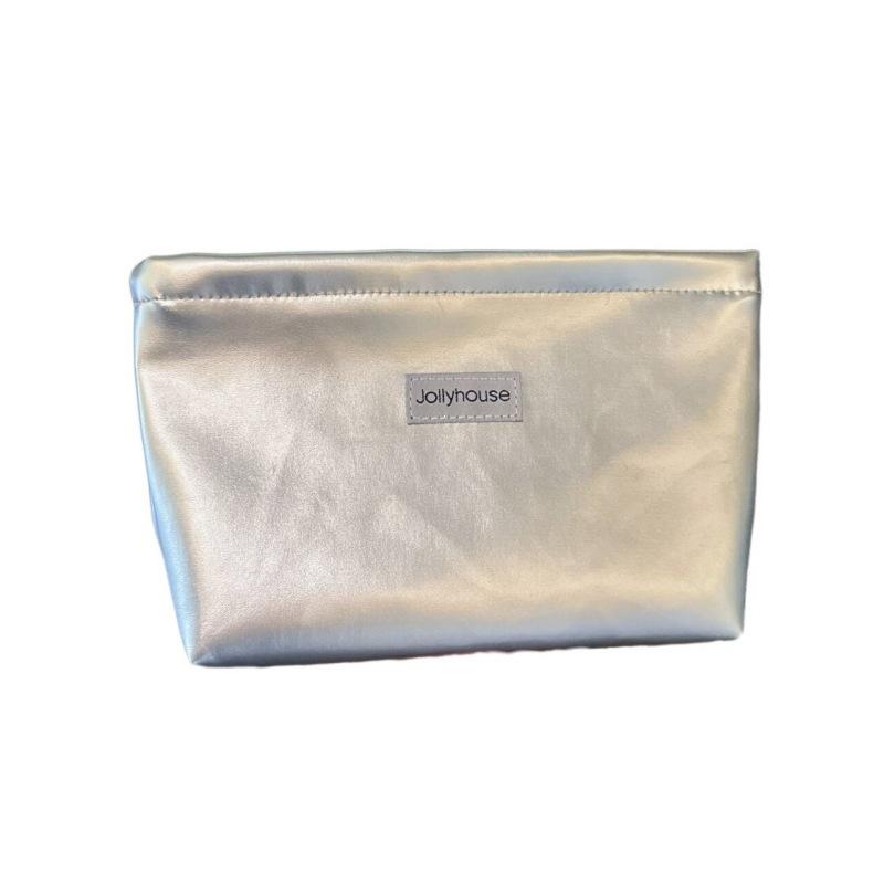 Portable Large Capacity Makeup Bag Silver Pu Toiletry Bag Multifunctional With Zipper Cosmetic Bag Multi-Purpose Use