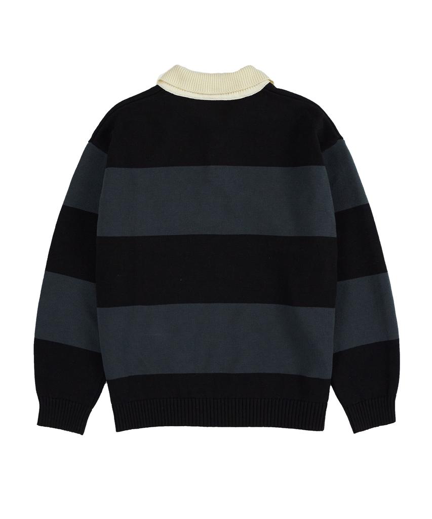 DRAW FIT Striped Cotton Collared Knit [Black]