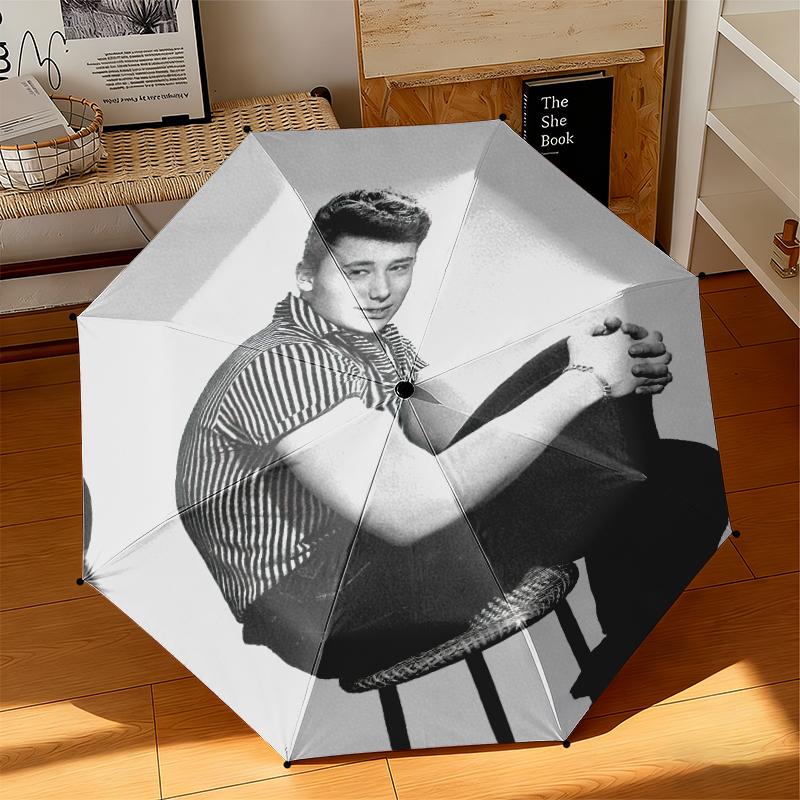 1pc Johnny Hallyday Retro Poster Umbrella Portable Folding Umbrella Iron Frame Hole Bone Structure Outdoor Home Umbrella