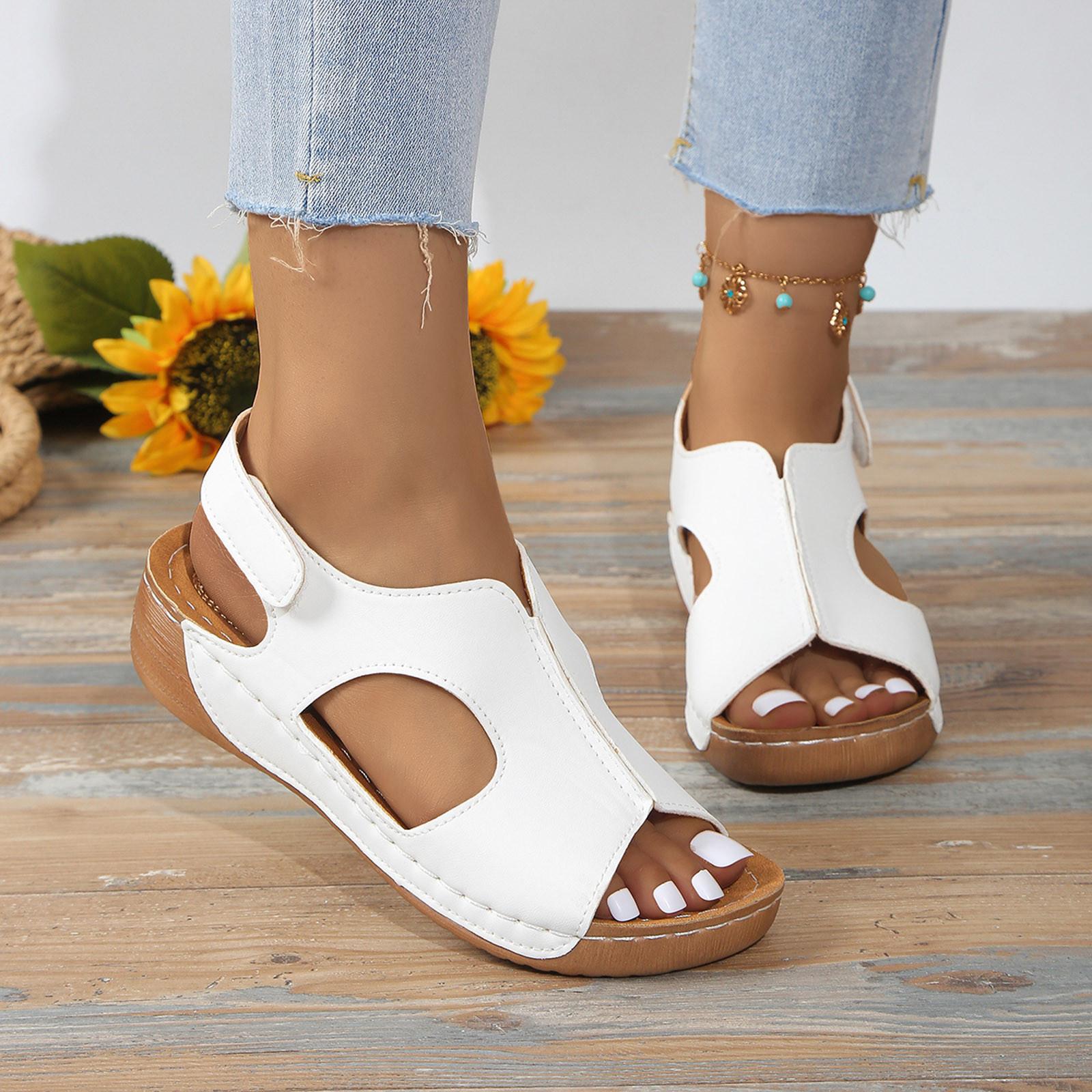 Clog Sandals For Women Leather Ladies Summer Retro Solid Colour Leather Slope Heel Thick Bottom Large Size Fish Sandalias Mujer 37