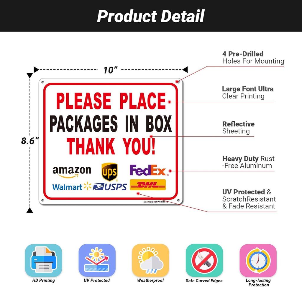 Please place the packaging in the box label 1-piece delivery label made of iron material waterproof and UV resistant