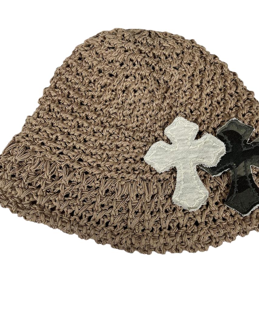 SK8ER ROCK Cross Knit Bucket Hat ((Beige))
