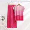 2026 Summer New Arrival Fashion Knit Pants Set Casual Color-Block Round Neck Short Sleeve Knit Top with High-Waisted Wide-Leg Pants Two-Piece Set