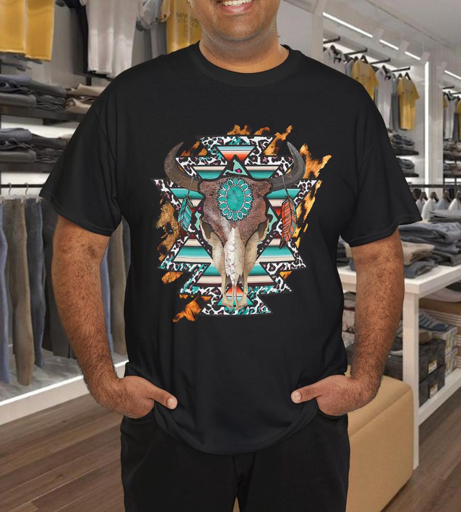 

Western Country Cowgirl Boho Turquoise Aztec Cow Bull Skull T-Shirt 2XL