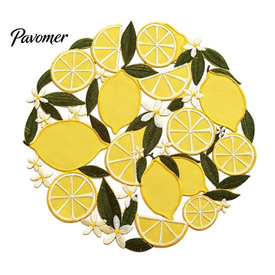 Tabletop Scratch Protector Pads Lemon Lace Placemat, Clear Embroidery Style Table Mat with Citrus Fruit Decorative Dining Placemats Leaf Design,