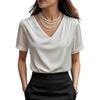 Damen T-Shirt Einfarbige Lockere Passform Glattes Satin V-Ausschnitt Kurzarm Oberteile Sommer Lässiges T-Shirt Tägliche Kleidung