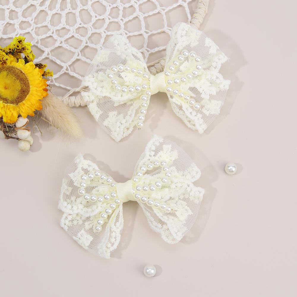 2Pcs Flower Lace Bow Hair Clips For Girls Sweet Pearls Hairpins Floral Embroidery Barrette Children Kids Headwear Accessories