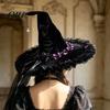 Abbigliamento a Tema Halloween Cappello da Strega per Donna, Grande Mago Nero in Velluto con Accessori per Costume Rete da Donna con Bordi Arricciati Costume per Adulti, Cosplay