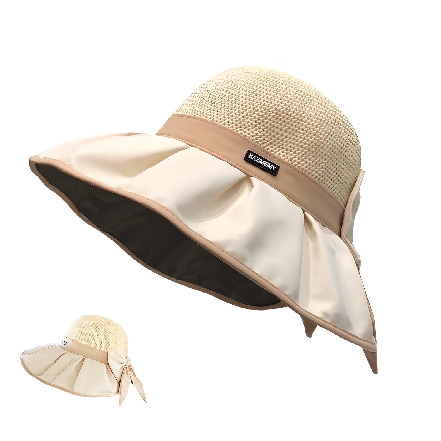 Women UK Beige Foldable Straw Sun Hat – Wide Brim with Bow, UPF 50+ Sun Protection, Lightweight for Summer Travel/Beach/Outdoor