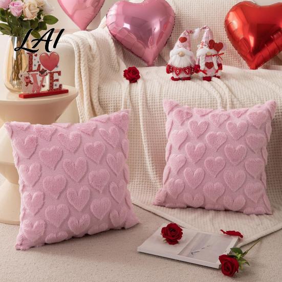 Soft Plush Cushion Cases Throw Pillow Cover Heart Embroidery Case with 3D Bowknot Jacquard Decorative Pillows for Anniversary Fluffy Couch