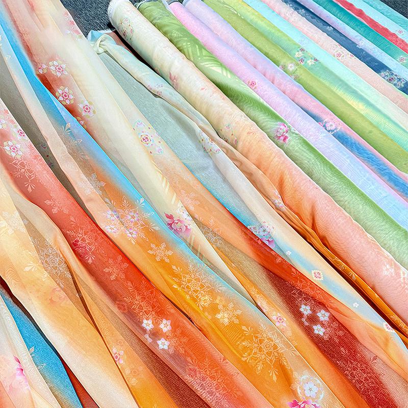 100*150cm Fairy Gradient Color Chiffon Fabric Ancient Style Flowers Printed Tulle Fabric DIY Hanfu Skirts Dress Stage Costume