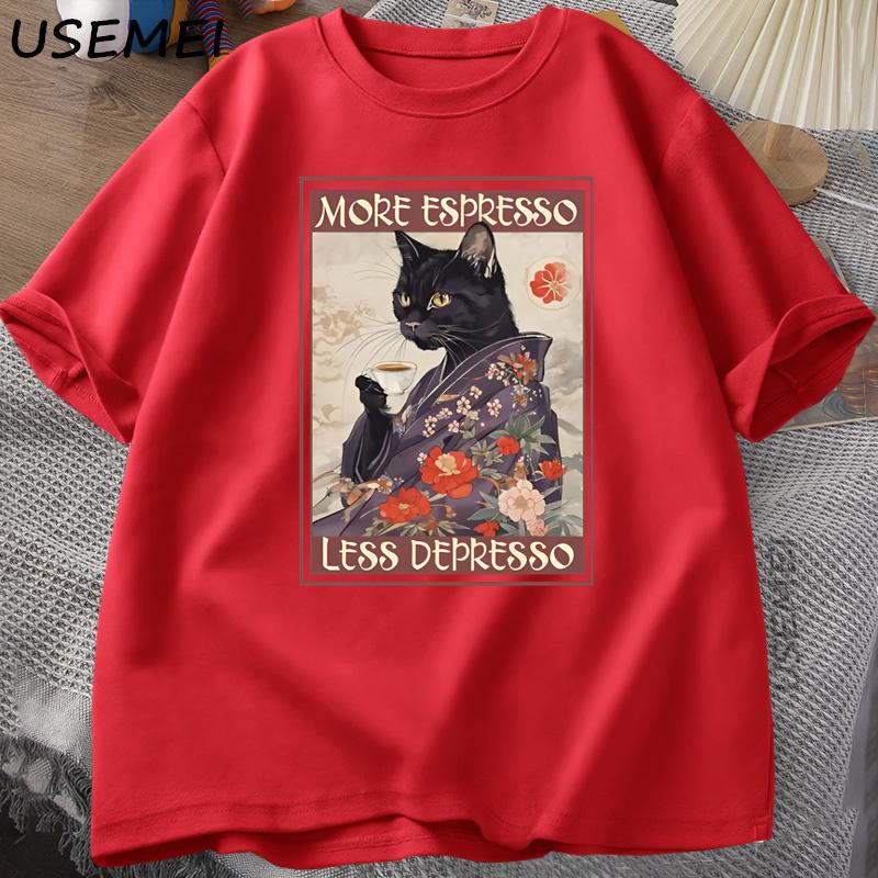 

More Espresso Less Depresso Humorous TShirt Unisex Women Black Cat Coffee T Shirt Cotton Y2k Summer Loose Short Sleeve Tee S