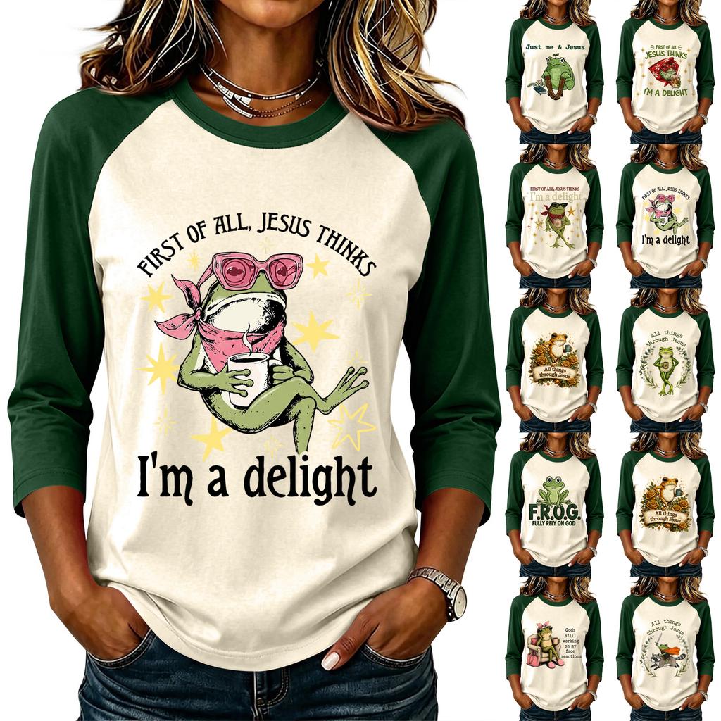 Women's Casual Letter Print Raglan Sleeve Three-Quarter Sleeve Round Neck T-Shirt