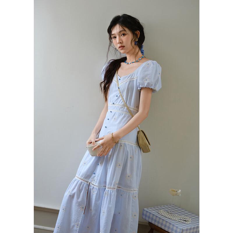 French Sweet Embroidered Puff Sleeve A-Line Dress