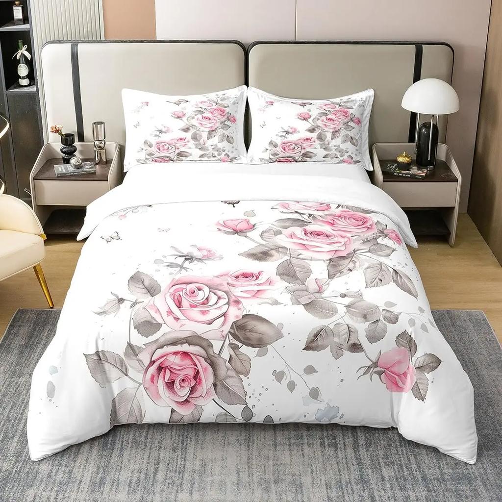 Bettdecke Tuschemalerei Stil Queen King Size Modern Schlicht Aquarell Pflanze Blatt Bettwäsche Set Kinder Erwachsene Damen 3-teiliges Set